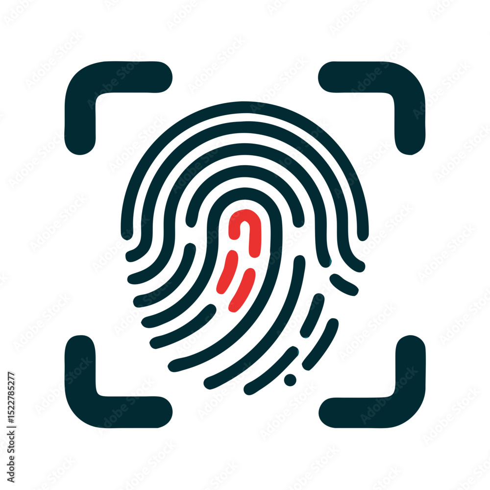 Poster fingerprint scan icon in modern flat design with red details