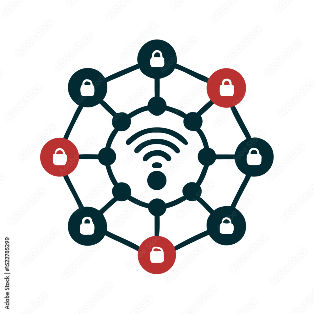 Aufkleber iot network illustration with secure connections and wireless signals