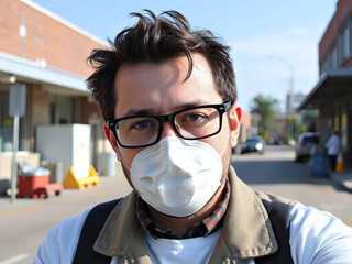 Man wearing a protective face mask stands on an urban street. He appears calm and focused, embodying health precautions in public spaces