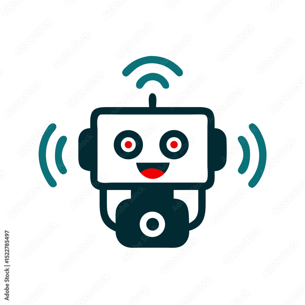 Poster friendly cartoon robot with smiling face and sound waves illustration