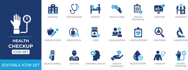 Health Checkup icon set. Doctor, Patient, Treatment, Mental, Set, Pharmacy, and diagnosis solid icon collection.