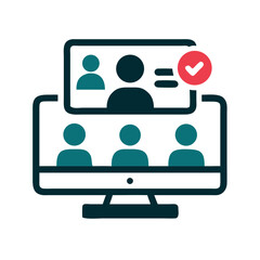 Virtual meeting illustration with participants on screens and checkmark  