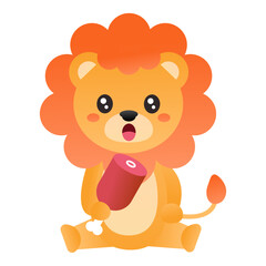 Cute cartoon baby lion sitting and holding a raw meat bone. Adorable animal character illustration, great for food or wild animal themes.
