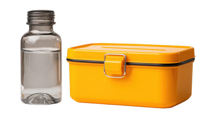 Studio shot of a yellow lunchbox with a metal clasp and a transparent plastic water bottle filled with still water, both set against a transparent background