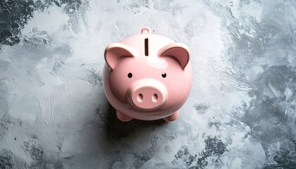 Pink piggy bank, top-down view, on a gray, textured surface