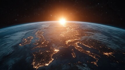 Fototapeta premium Sunrise over Europe, space view, city lights, night, Earth