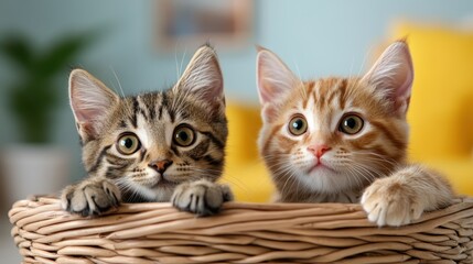 This heartwarming image features two playful kittens peering out of a wicker basket, capturing the innocence and charm of young pets in a cozy setting.