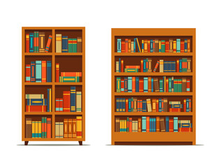 Set of bookcase full of books isolated on white background. Library interior wooden furniture. Vector stock