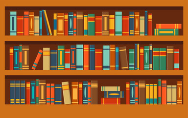 Books in library bookcase. Book shelves with multicolored books. Vector stock