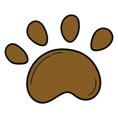 Hand drawn cartoon brown paw print on white background.