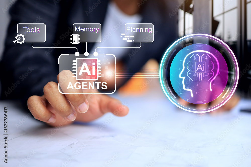 Wall mural ai agents concept with businessman is using artificial intelligence agentic technology on virtual sc