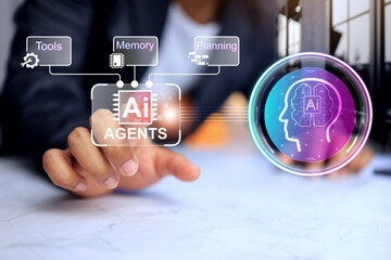 ai agents concept with businessman is using artificial intelligence agentic technology on virtual screen to help him make decision marking on business planning