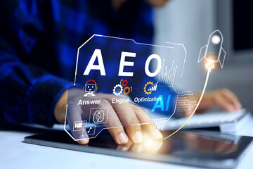 answer engine optimization AEO concept with programmer touch on tablet screen for optimizing answer...