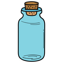 Hand drawn cartoon empty closed glass jar with cork on white background.