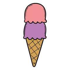 Hand drawn cartoon fruit ice cream in waffle cone on white background.