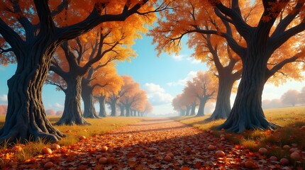 Autumn path between orange leaf trees. Serene fall landscape ideal for travel, nature, and seasonal themes.