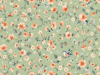 Classic floral wallpaper with vintage bird and flower patterns. Ideal for background use in interior design, packaging, invitations, textiles, and retro-themed visuals