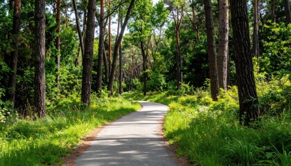 Pathway winds through dense forest; bright sunlight dappled on green grass