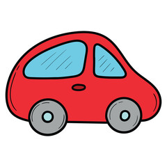Hand drawn cartoon red car on white background.
