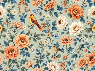 Classic floral wallpaper with vintage bird and flower patterns. Ideal for background use in interior design, packaging, invitations, textiles, and retro-themed visuals