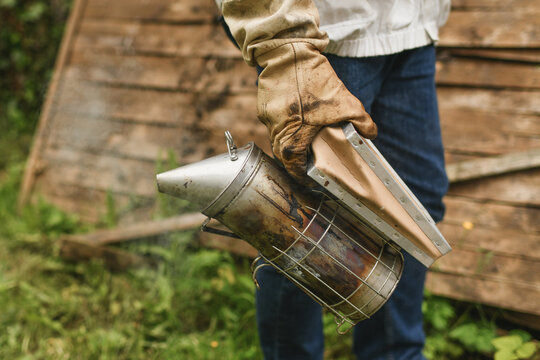 Beekeeper smoking bees with bee smoker at the apiary