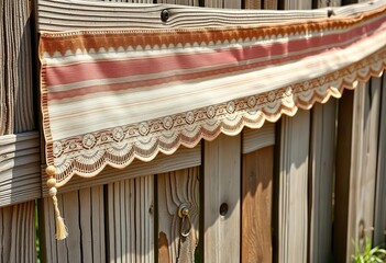 Intricate silk bolts displayed on weathered wooden fence, sunlight dappled,  rich,  photography