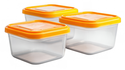 Three transparent airtight containers featuring orange lids are ready for portioning food, enhancing meal preparation and storage on a transparent background