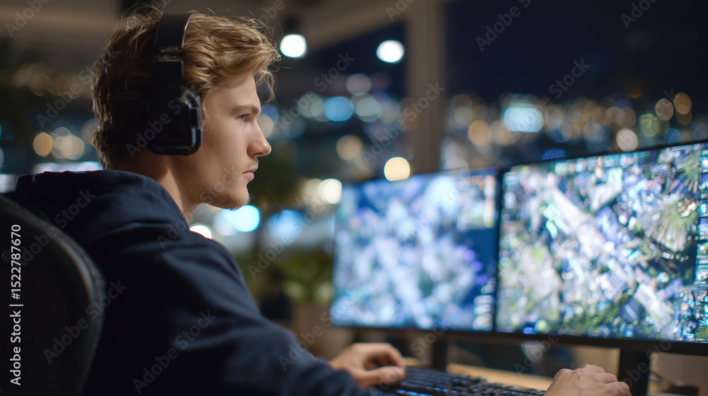 Poster home office setup with young male video game developer wearing large headphones, focused on dual mon
