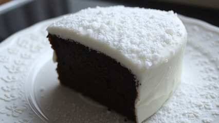 Close-up of a dark chocolate cake slice topped with creamy coconut frosting. The rich, moist texture is complemented by the snowy appearance of dessicated coconut flakes.