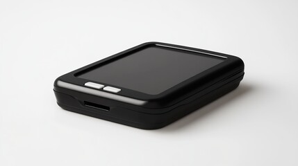 A sleek, black rectangular device with a dark screen, slightly angled, rests on a white surface.  It features subtle buttons and what appears to be a slot.  Minimalist design