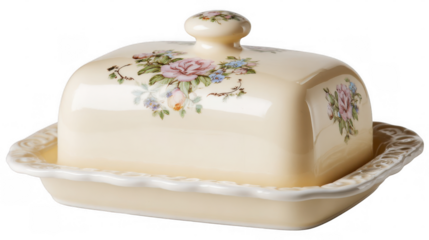 Elegant. Empty butter dish featuring a delicate floral pattern. Resting on a matching tray. Isolated on a transparent background. Perfect for showcasing culinary presentations or food related designs