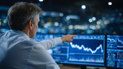 Side view of financial analyst comparing price trends on multiple monitors, pointing at sudden spike in asset value while digital graphs update in real-time