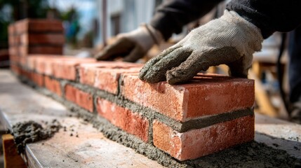 A bricklayer is laying bricks on a wall