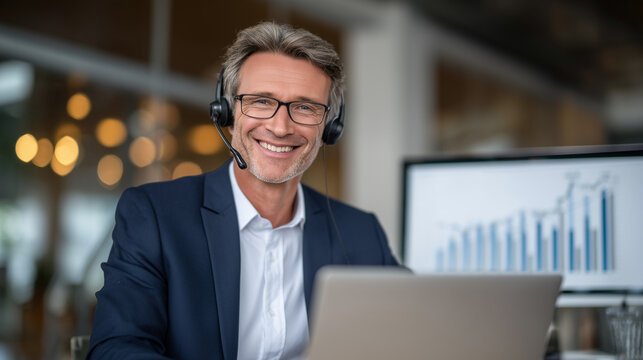 Businessman with headset discusses investment strategy via video call, financial graphs and economic forecasts visible on laptop and side monitor in clean office setup