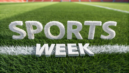 3D 'sports week' with white turf-style text on a fresh soccer field.
