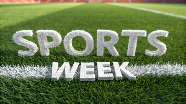 3D 'sports week' with white turf-style text on a fresh soccer field.
