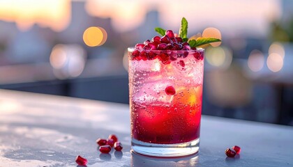 Pomegranate cocktail w/ ice, mint, on a rooftop. Bokeh city backdrop
