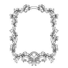 Vintage baroque black botanical ornamental hand drawn frame illustration