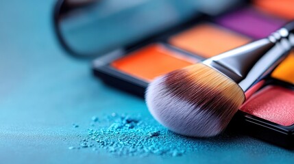 A vibrant makeup palette displayed with a quality brush and loose pigments creates a stylish composition, symbolizing creativity and self-expression in modern beauty practices.