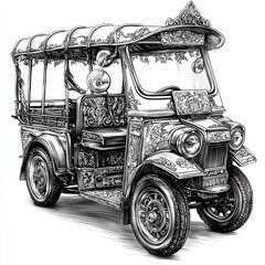 Fototapeta premium Detailed Line Art Drawing of a Vintage Three Wheeled Vehicle