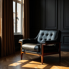An elegant black tufted leather armchair with a wood frame sits in a sophisticated, moody room with dark paneled walls, bathed in warm sunlight from a large window.
