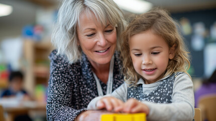 Close-up of teacherâs hands supporting childâs fingers while placing yellow block, warm, patient expressions shared between them