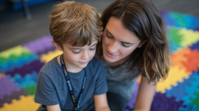 Overhead view of structured play activity between therapist and special needs child, vibrant shapes, warmth, care, and positive energy radiate