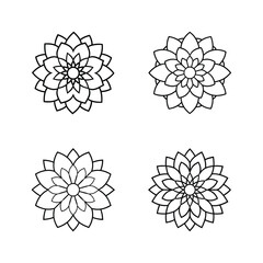 Obraz premium A detailed black and white line drawing of a symmetrical dahlia flower, with layered petals radiating outward in a circular pattern. The design is clean, crisp, and suitable for coloring books. No bac