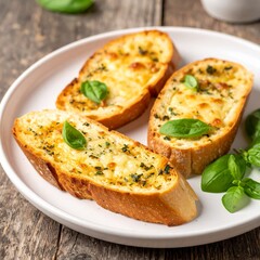 roasted garlic Bread with cheese and basil on a plate. rustic table