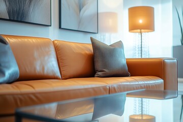 Close-Up of Leather Sofa with Glass Table in Warmly Lit Living Room