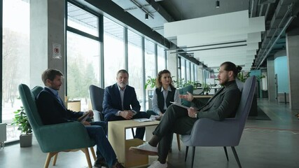 Business people, meeting and planning in lobby for collaboration. Corporate conversation for networking, clients and industry contact - Powered by Adobe