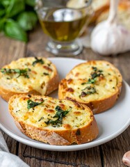 roasted garlic Bread with cheese and basil on a plate. rustic table