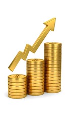 3D illustration of growth chart with gold coins and upward arrow, white background