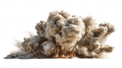 Massive dust cloud billows upwards, debris and smoke swirling within, likely caused by a powerful explosive takeoff, against a transparent background, perfect for compositing into various scenes